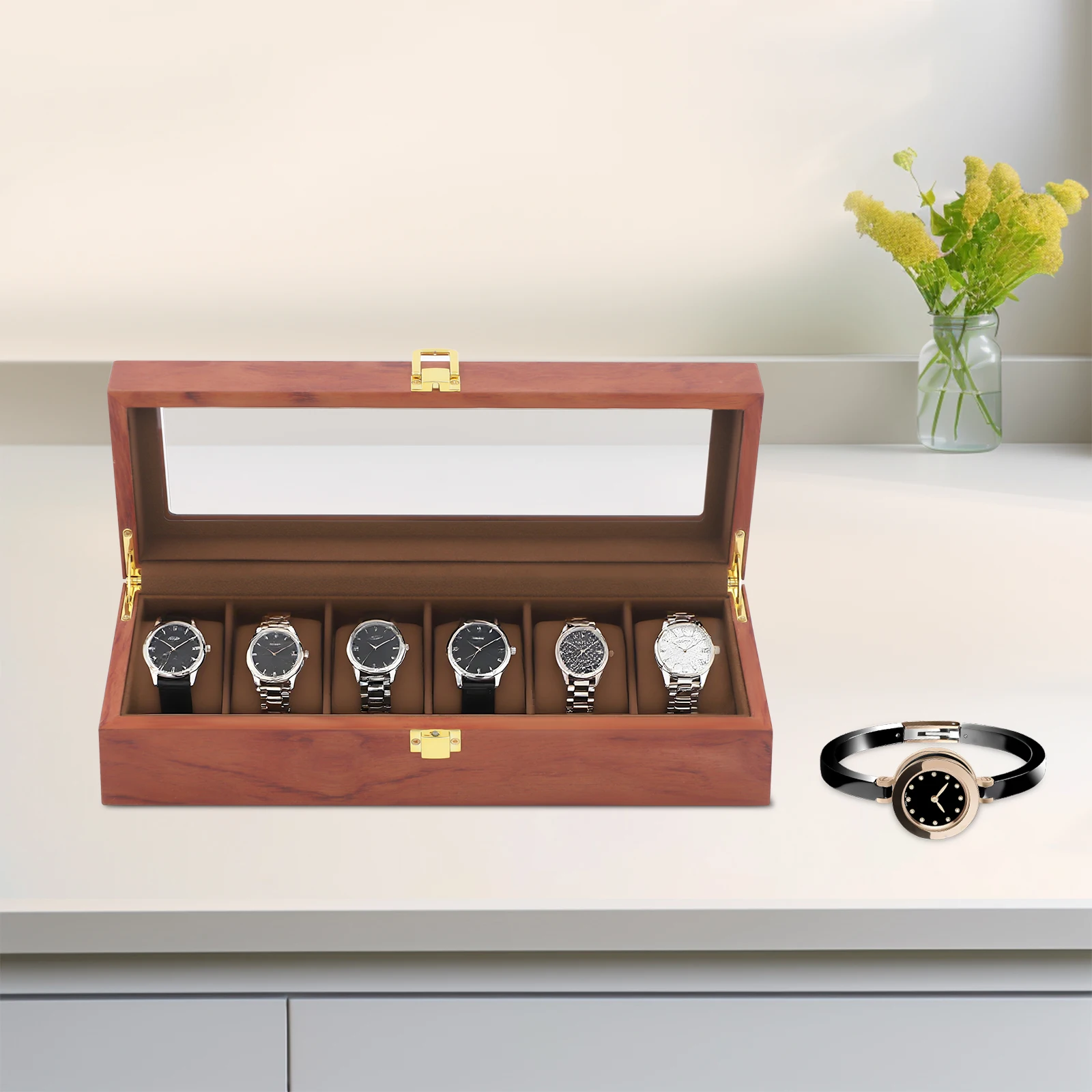 

Vintage Wooden Watch Box for 6 Watches, Glass Top Jewelry Organizer with Velvet Lining, Gift for Watch Collectors
