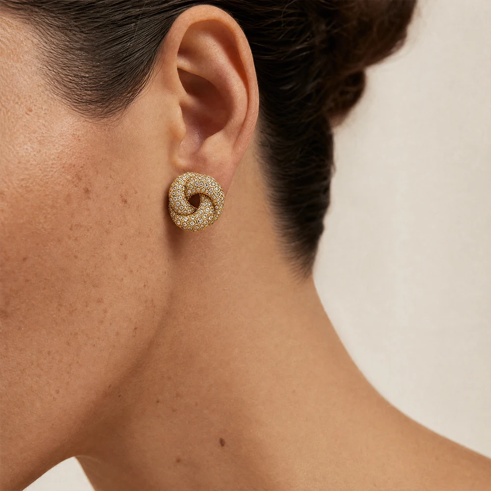 Luxury CZ Zircon Round Twisted Stud Earrings for Women Vintage Stainless Steel Geometric Ear Studs Wedding Party Jewelry Gifts