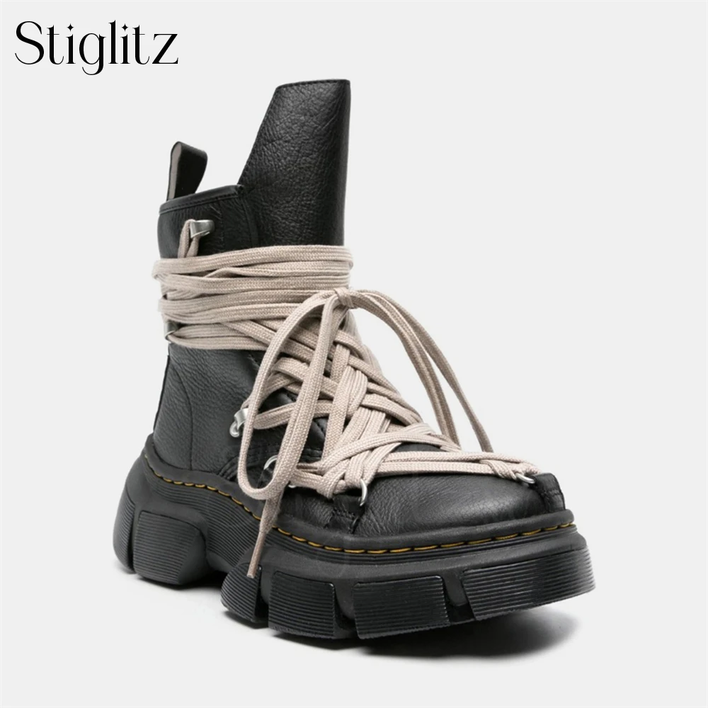 Cross Strap Ankle Boots Black Leather Fashion Style Motorcycle Boots Platform Heightening Punk Zipper Lace up Booties for Men