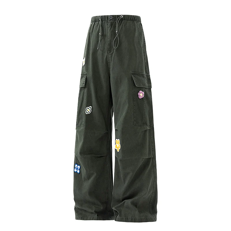 Calças de trabalho tridimensionais com pequenas flores bordadas lavadas para casais, calças de emagrecimento e versáteis de algodão puro com pernas retas