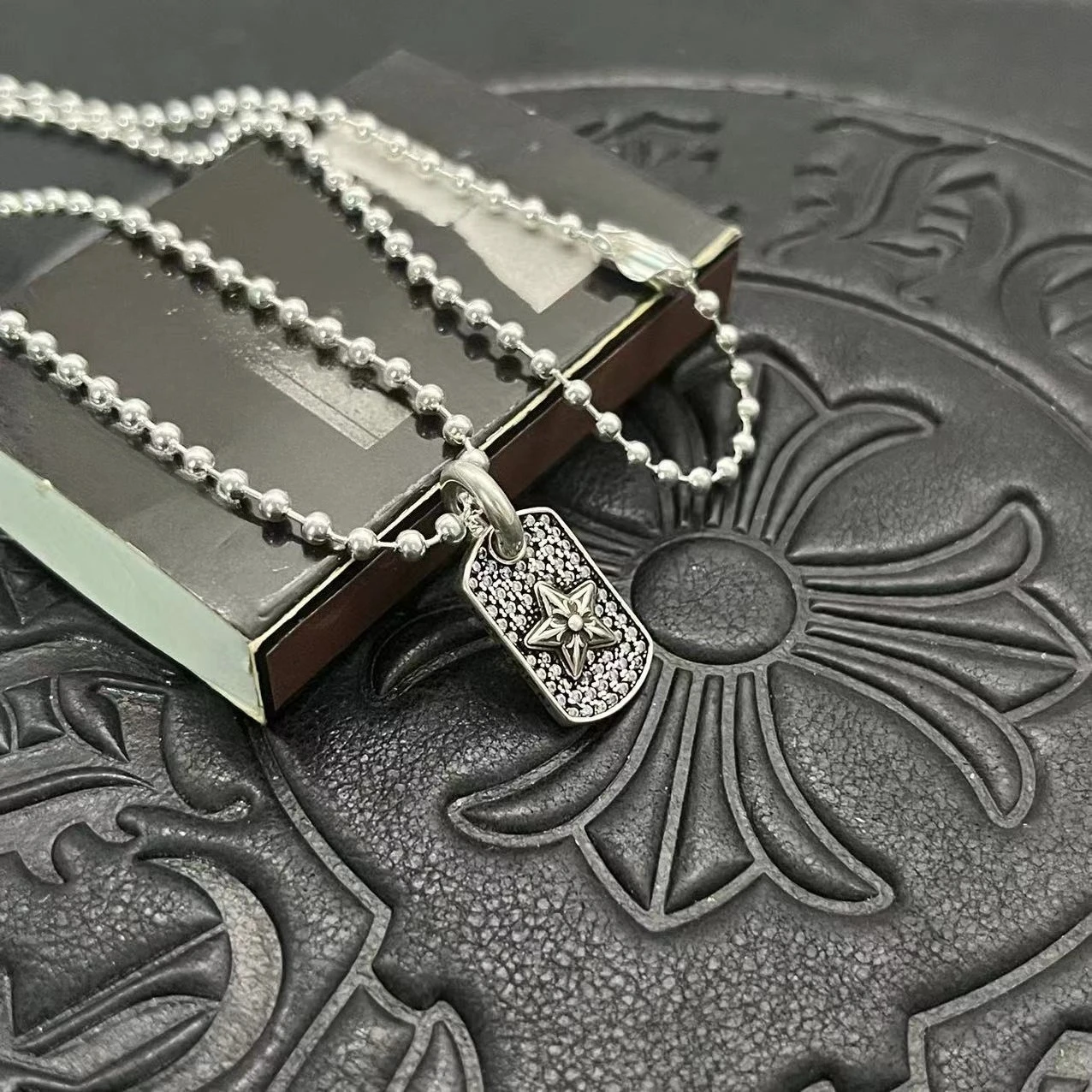 

S925 sterling silver punk hip hop mini full diamond pentagram small hang tag military brand necklace retro