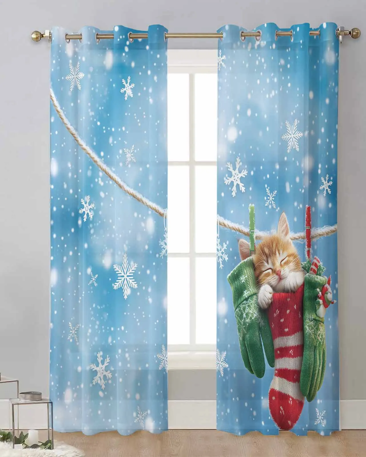 Cartoon Star Cat Christmas Socks Snowflake Curtain Tulle Curtains For Living Room Kitchen Window Treatments Voile Curtains