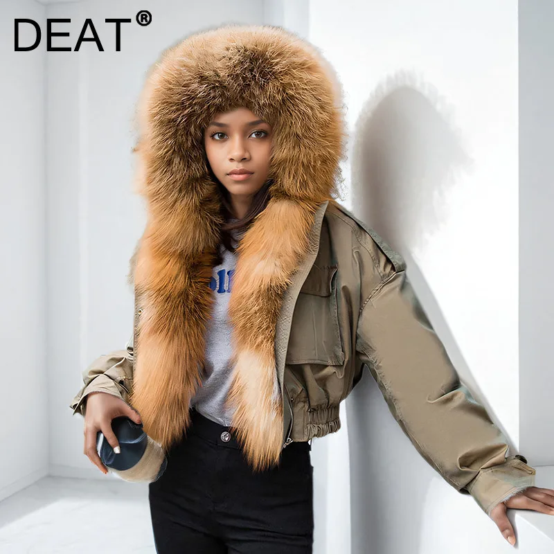 DEAT 2024 Winter Women New Fur Collar Liner Real Rabbit Hair Multi Pocket Short Jacket Cotton Hooded Casual Coat Female RC235