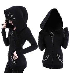 New Arrived Gothic Hooded Coats Black Grommets O-ring Zip Up Pocket Outwears Tops Spring Autumn Wide-waisted Jacket