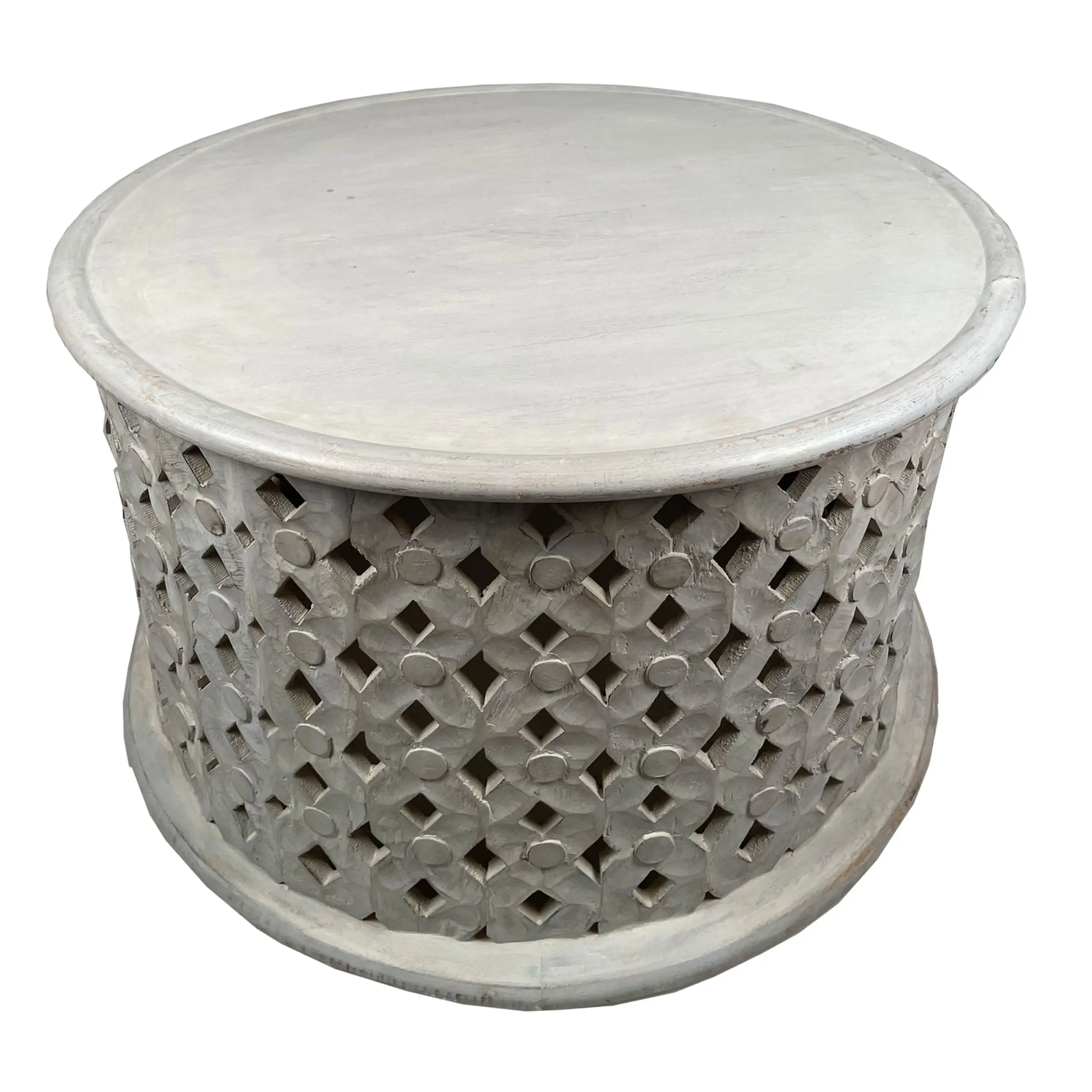 28 Inch Artisanal Round Mango Wood Coffee Table, Intricate Diamond Lattice Cut Out Frame, Washed White