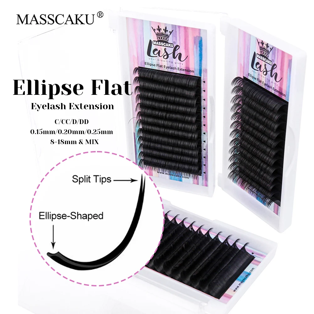 

High Quality MASSCAKU Ribbon Natural Looks Ellipse Flat Lashes Fluffy Waterproof Double Split Tips Shaped Eyelashes Easy to Pick