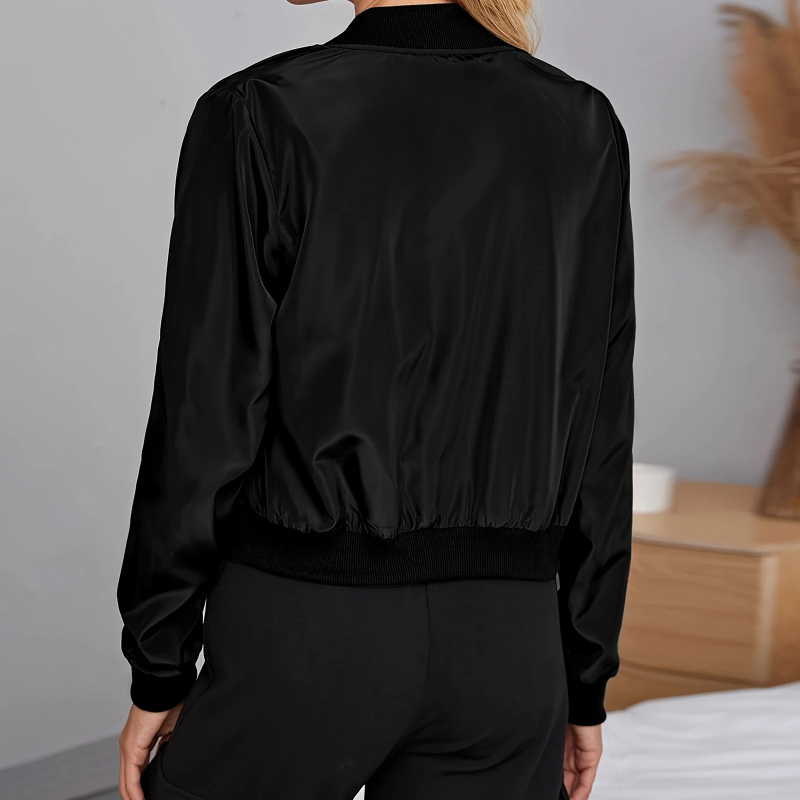 Lamuusaa podzimní bomber bunda dámské oblečení jednobarevný límec s límcem na zip lehký kabát 2000s crop topy y2k svrchní oblečení - náhled 4