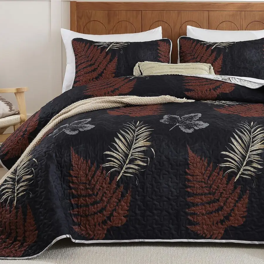 Black Red Quilt Set King Size Floral Reversible Bedspread Coverlet Botanical Leaves Pattern Quilted Bedding Set, 3 Piece Soft Mi