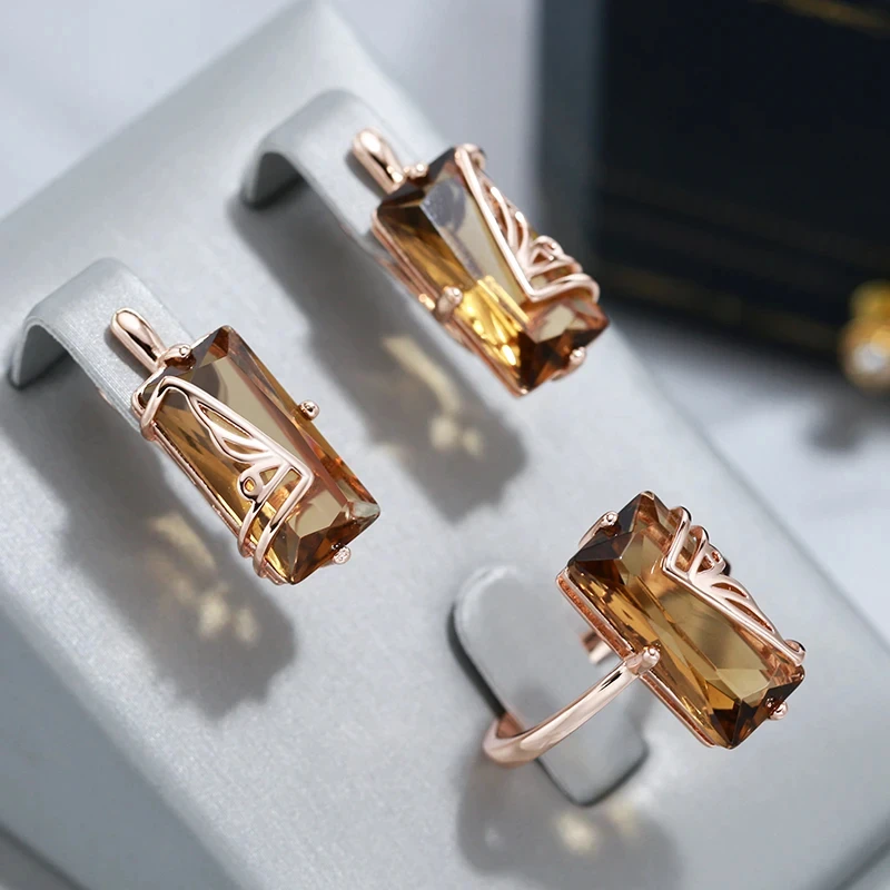 Light Brown Large Zircon Square Women Earrings Sets Golden Rings Vintage Geometric Jewelry Party Statement Accessories