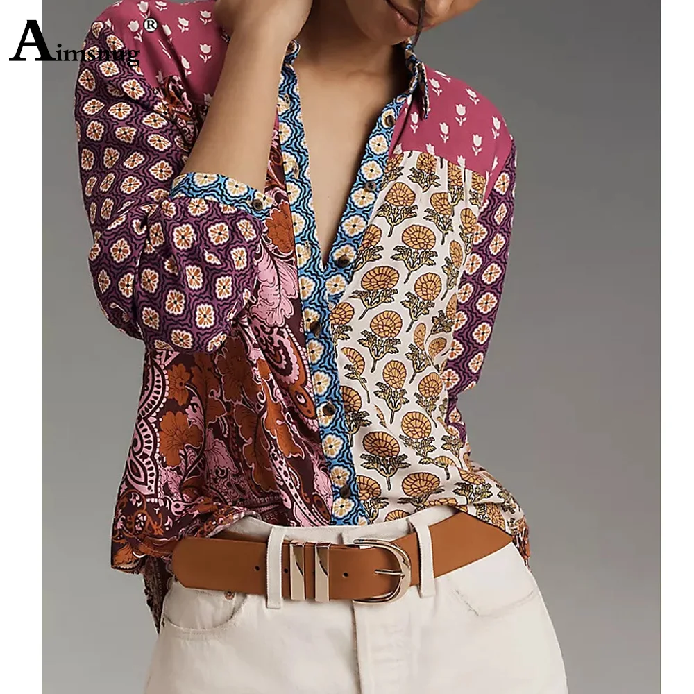 Estilo europeo 2025 camisas de manga larga con estampado 3D para mujer nuevas blusas básicas informales blusa para mujer camisa con cuello vuelto blusas para mujer