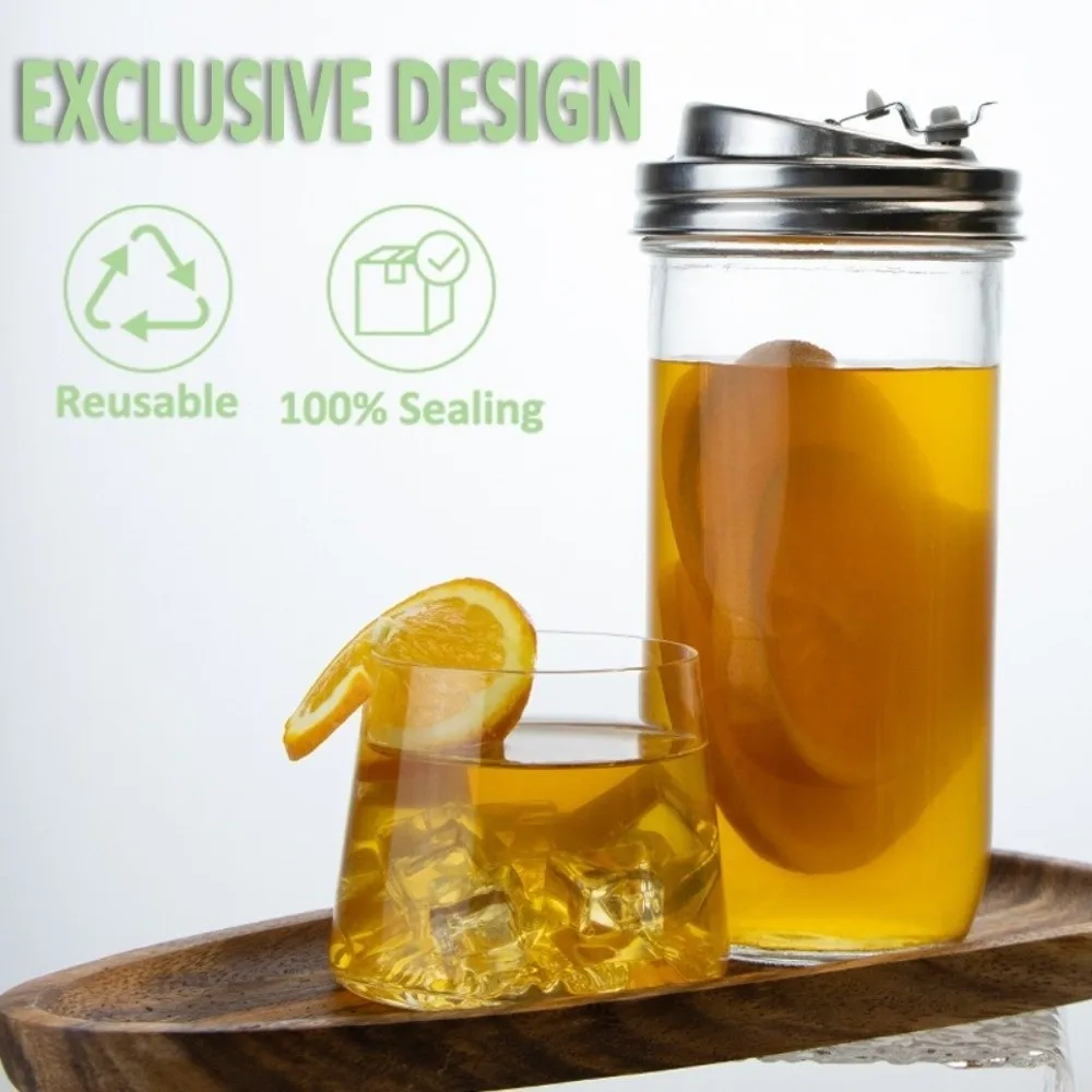 Stainless Steel Mason Jar Drinking Lids Leak Proof Seal With Straw Hole Mason Jar Sip Lids Pour Spout Flip Cap Pour Lids
