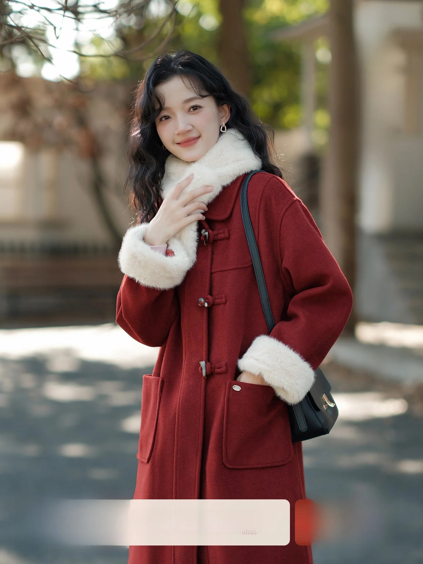 

Thiened Fce Lined Woolen Coat Red Winter New Year Women's Jaet Korean Sle Button ket Design Mid-Length Coat