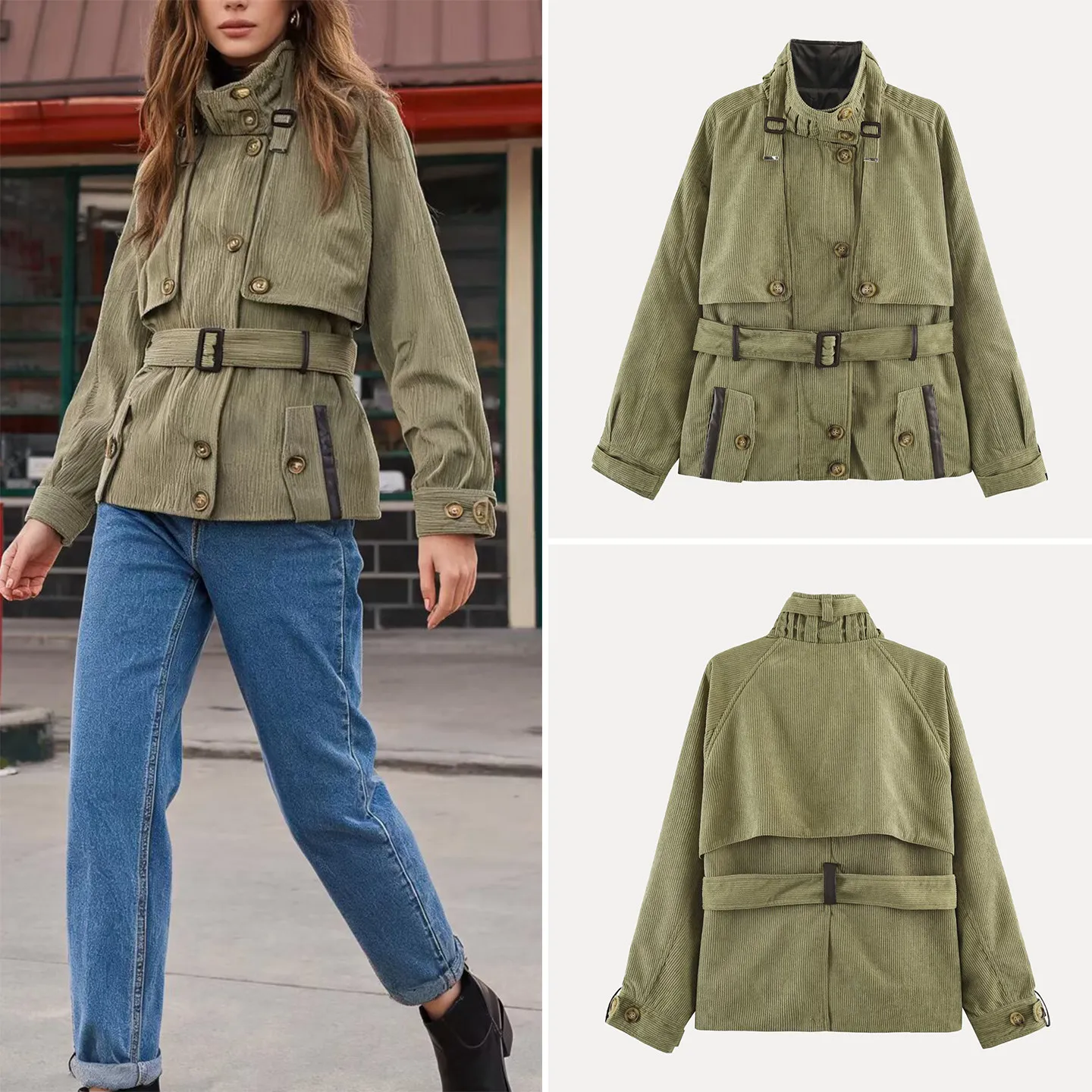 Fashionable Retro Stand Collar Workwear Jacket with Belt Women's Autumn Outerwear Elegant Money Style ZADATA Standard Fit