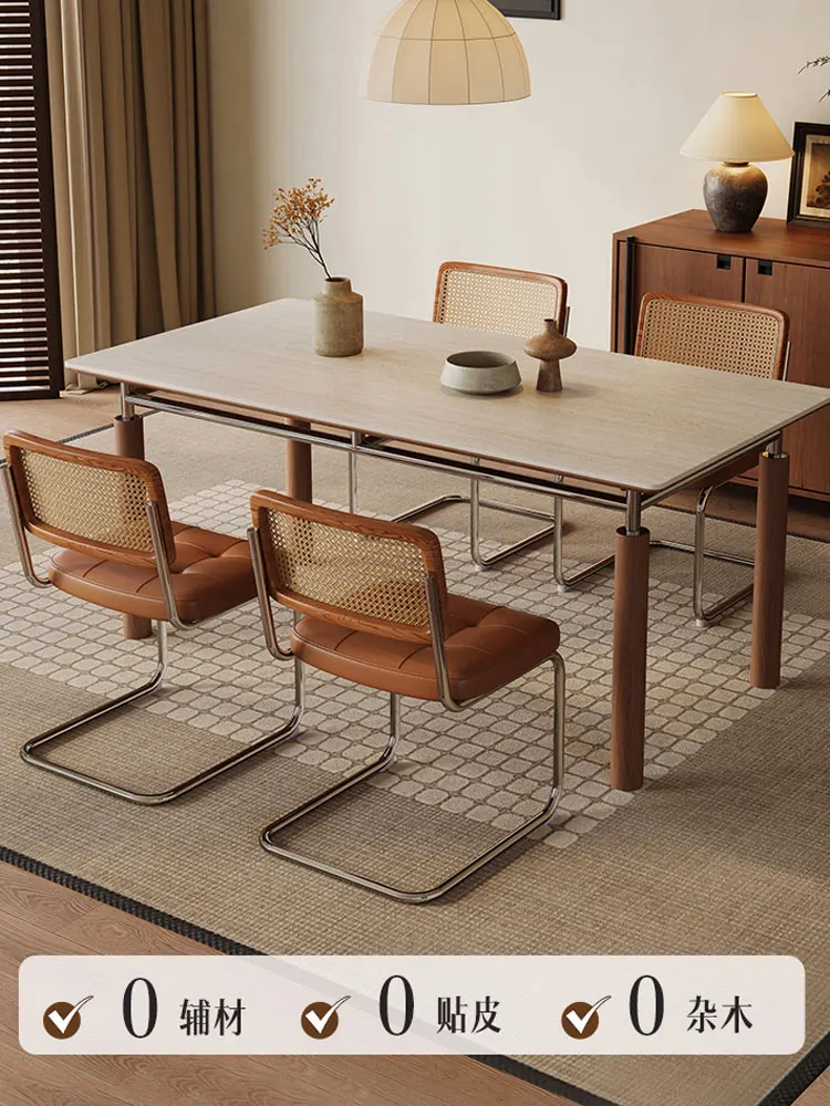 Medieval rock slab solid wood dining table rectangular Nordic stainless steel Bauhaus retro furniture small apartment