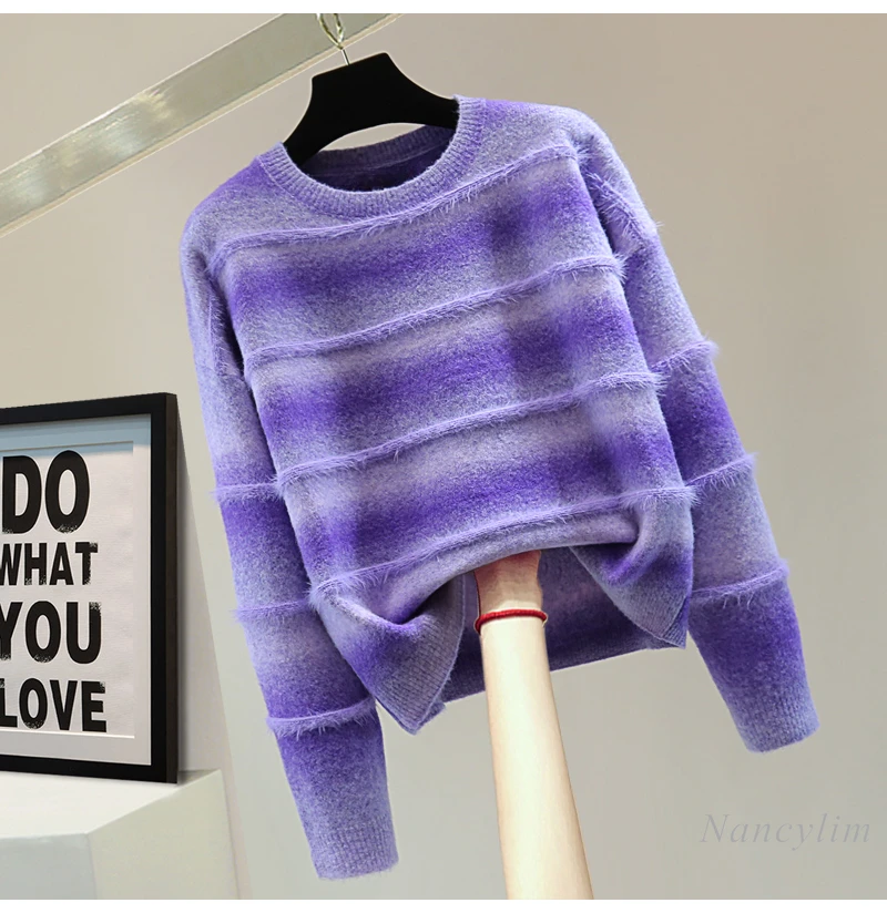 Gradient Purple Sweater Women Mohair Crew Neck Pullover Knitted Sweater 2024 Winter Striped Long-sleeved Knitwear Top