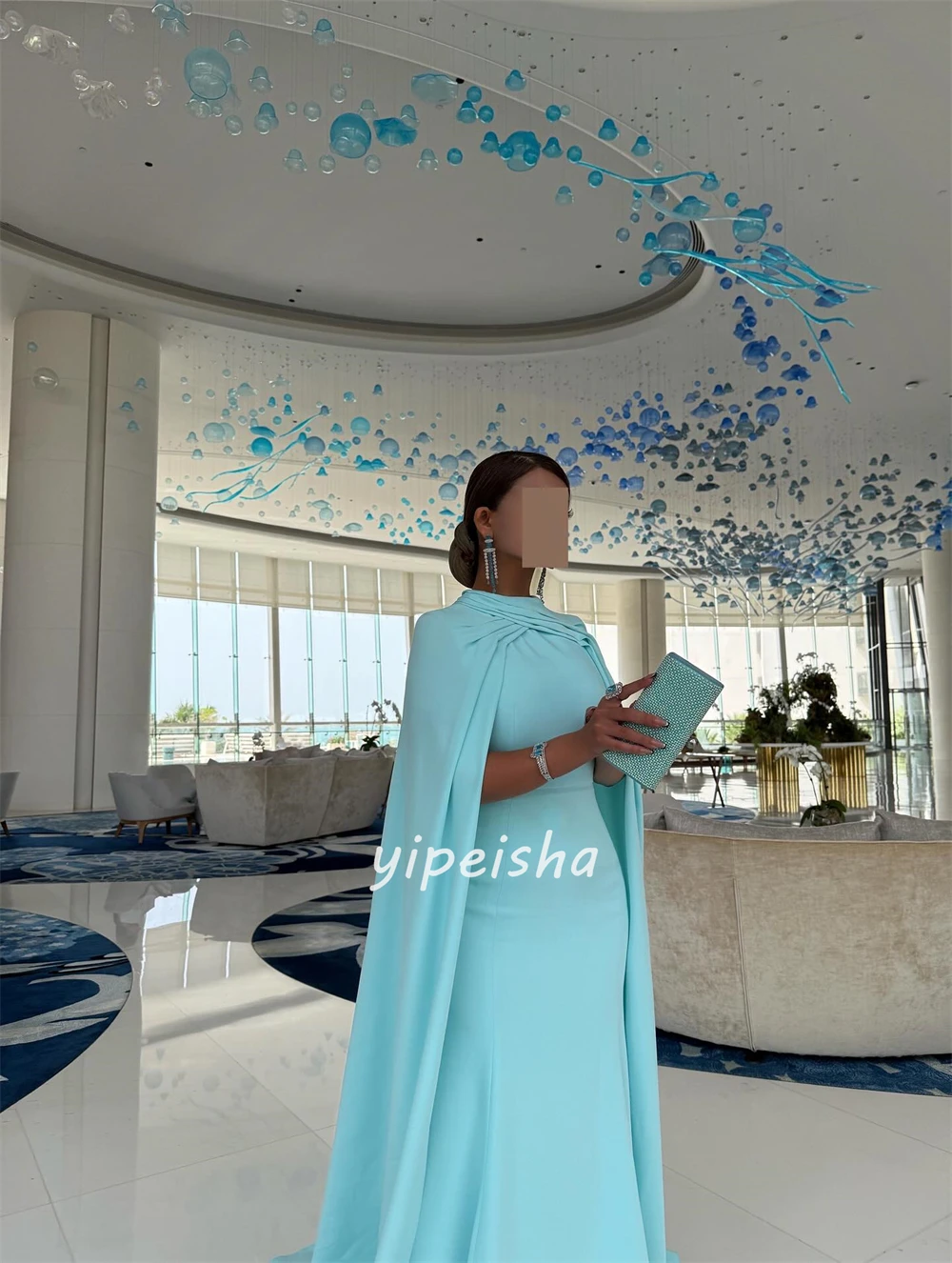 Robes longues personnalisées de Style moderne, Jersey plissé froncé, ligne a, col haut, robes d'occasion sur mesure, élégantes et formelles