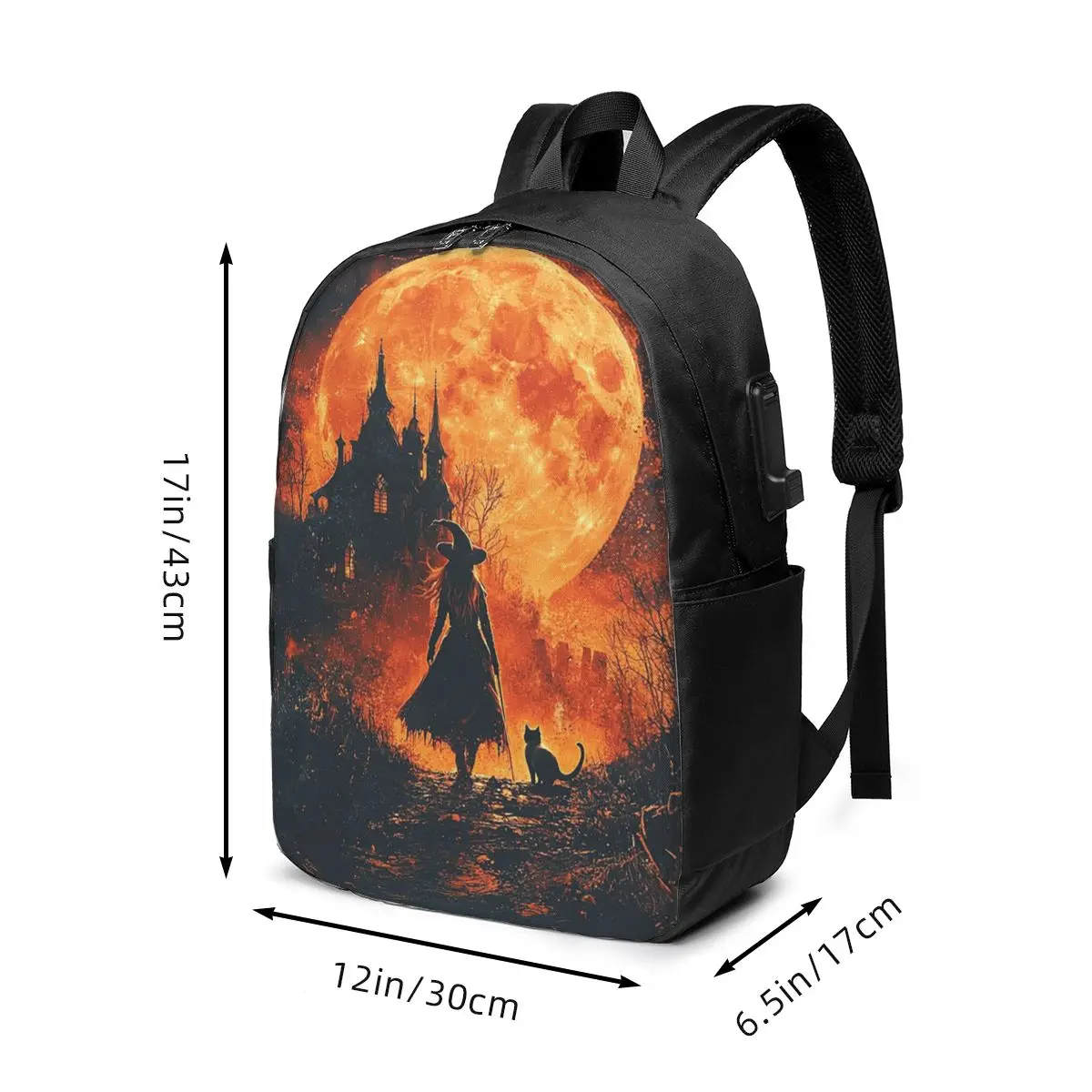 Witch And Cat Walking In A Small Alley Backpack Travel Notebook Bag Computer College Student School Bag Laptop Shoulder Bags