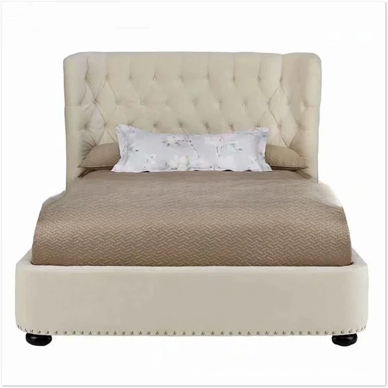 

American fabric box double bed furniture modern pull button bedroom soft bag storage queen marriage bed