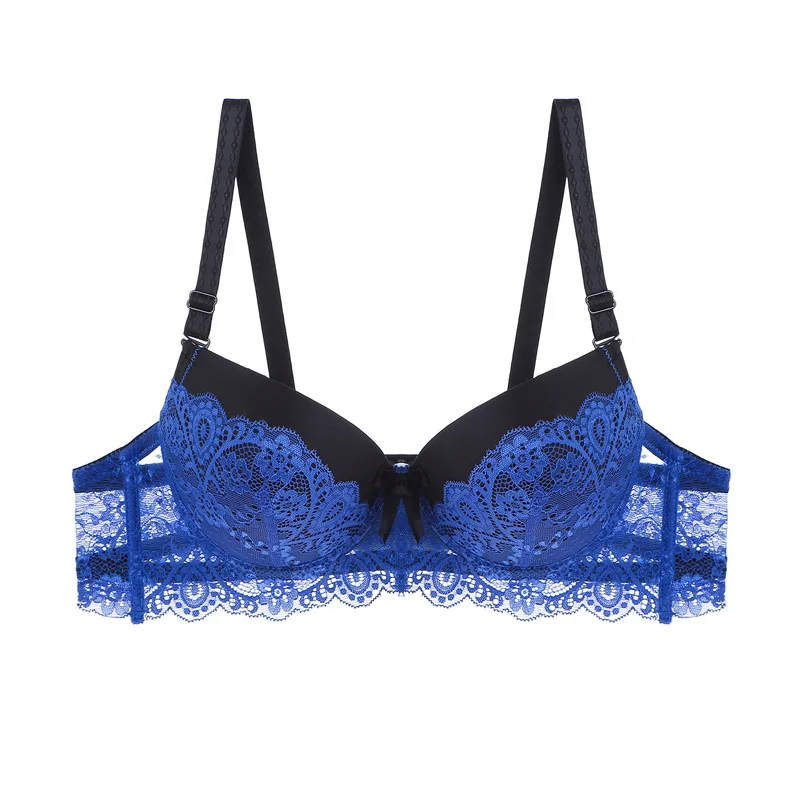 Bra Wanita Bordir Renda Seksi Bra Push Up Deep V Pakaian Dalam Wanita Modis Pakaian Dalam Klasik Pakaian Dalam Nyaman Biru