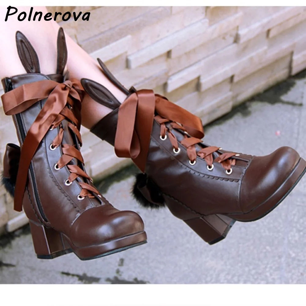 

Ботильоны с кроличьими ушками и узлом-бабочкой. Милая однотонная обувь в стиле Лолиты с круглым носком на платформе и перекрестной завязкой.