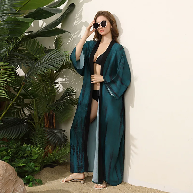 Beach Cover Ups Floral Embroidery Kimono Tunic Elegant Pareo Swimsuit Cape Belted Wrap Dresses Bathing Suits