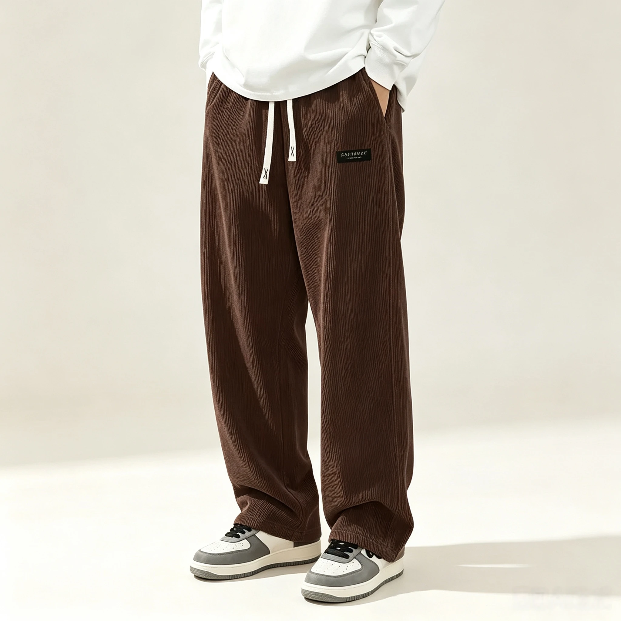 New Model Men Corduroy Wide Leg Trousers Elastic Drawstring Waist Loose Straight Casual Pants Fashion Streetwear Baggy Sweatpant