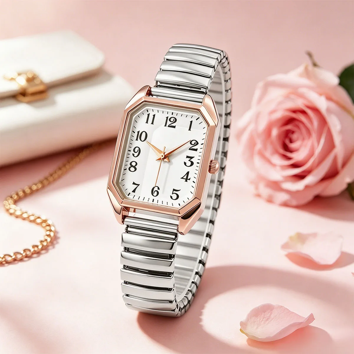 Business Luxury Simple Popular Fashion Elastic Strap Alloy Rectangle Women Ladies Quartz Watches