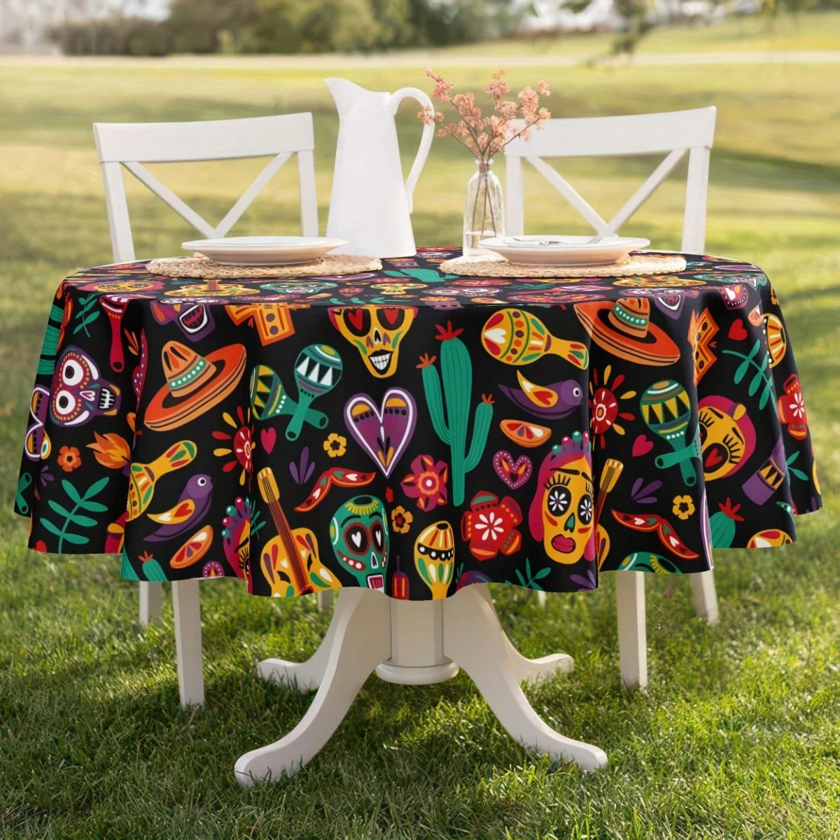 1 piece of Dia de los Muertos tablecloth, featuring skull patterns, paired with tortillas and yzb