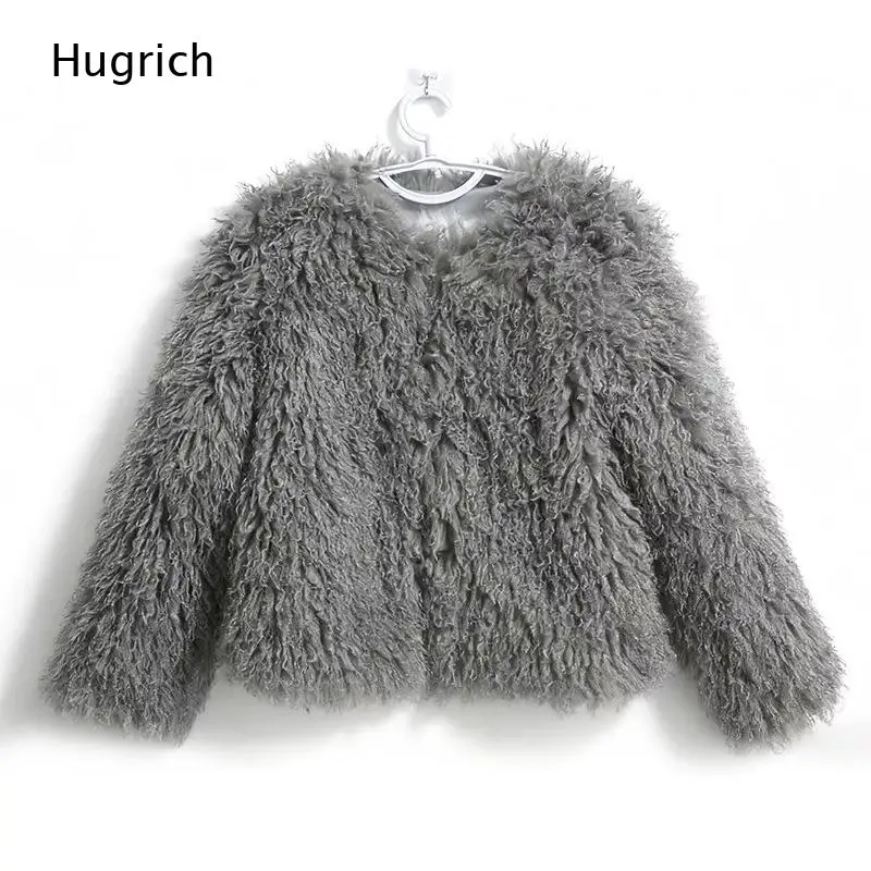 Women Winter Shaggy Faux Fur Outer Jacket Round Neck Long Sleeve Curly Fluffy Short Coat for Daily Wear