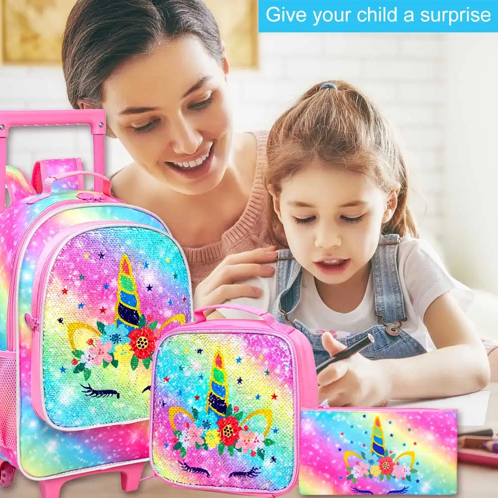 

4PCS Kids Rolling Backpack for Girls, Unicorn Sequin Roller Wheeled Bookbag Toddler Elementary School Bag with Wheels