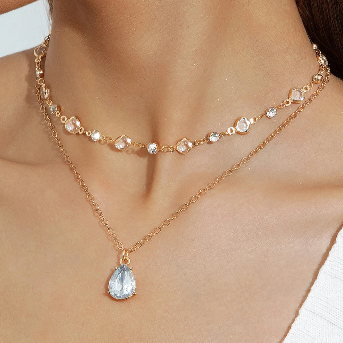 Docona fashion Women Luxury Colored Crystal Layered Pendant Necklace Geometric Alloy Metal Delicious Jewelry Collar Holiday Gift