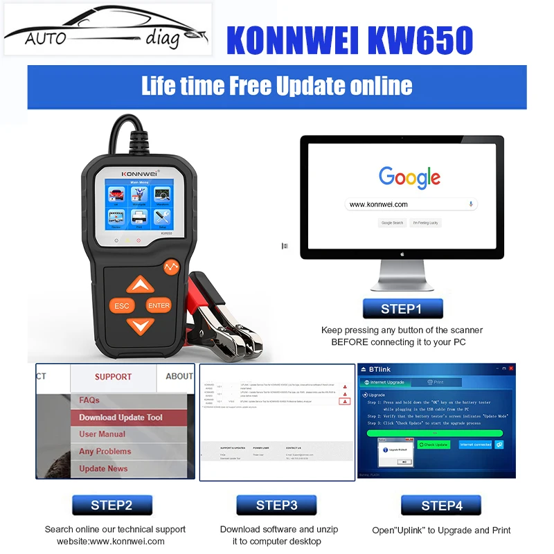 

KONNWEI KW650 Car Motorcycle Battery Tester 12V 6V Battery System Analyzer 2000CCA Charging Cranking Test Tools for the Car