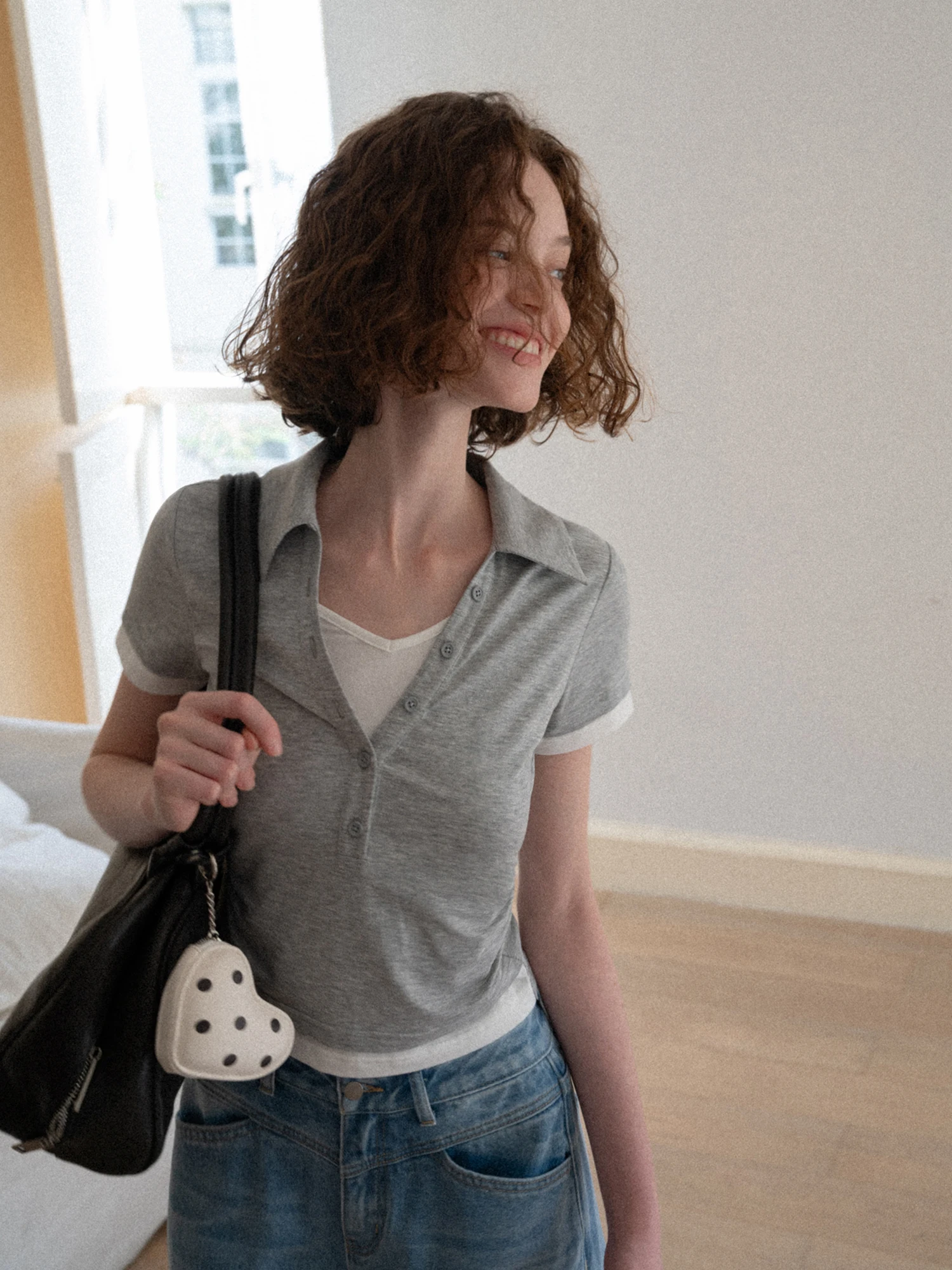 

Slim Fit Short Sleeve T-Shirt Women's Summer High Waist Henry Collar Top Casual Style Polyester Fabric Breathable Comfortable