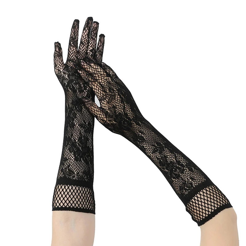 Sexy Long Lace Gloves Mesh Floral Gothic Punk Mittens Nylon Elastic Christmas Halloween Gloves Stretchy Fancy Dress Decoration