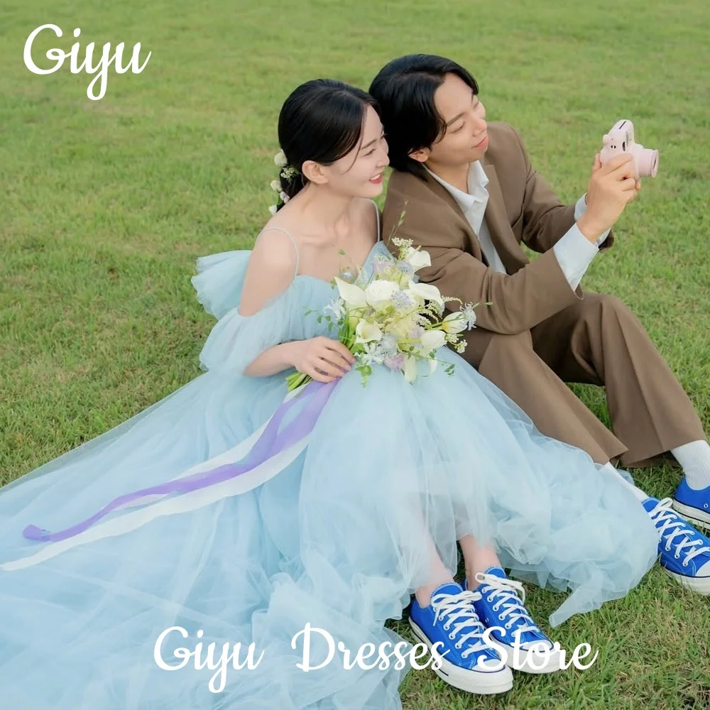 

Giyu Fairy Sky Blue A-line Wedding Dress V-Neck Spaghetti Strap Pleat Korea Photoshoot Floor-length Party Dress Customized 2025
