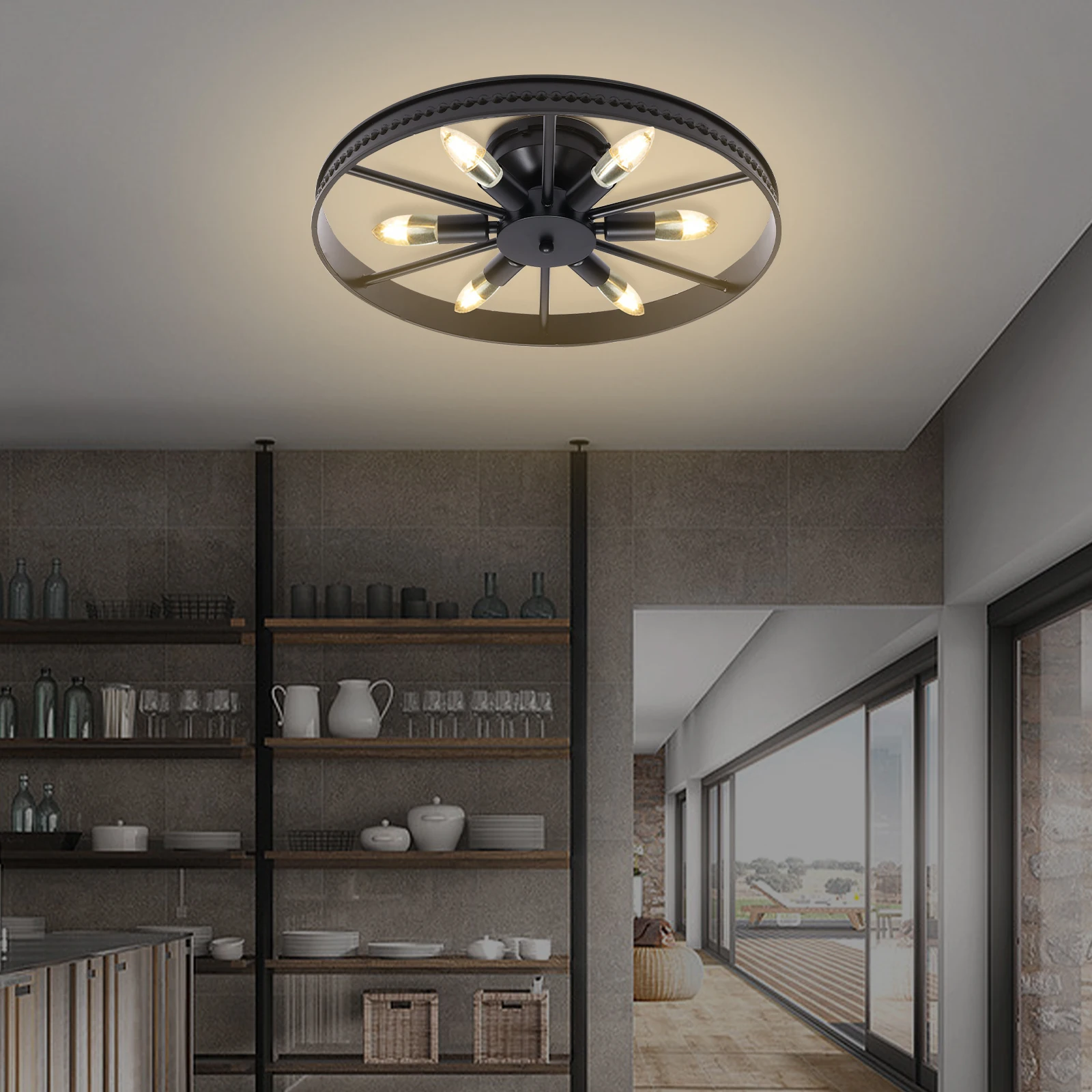 Semi-recessed Industrial Wagon Wheel Chandelier Rustic Ceiling Light Indoor Lighting Fixture With 6 Lamp Holders For Kitchen Bar