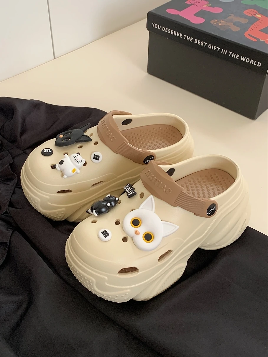 Garden Shoes Man Hole Sandals Black White Cat EVA Thick Soled Slippers Hole Shoes For Women Non Slip DIY Slippers