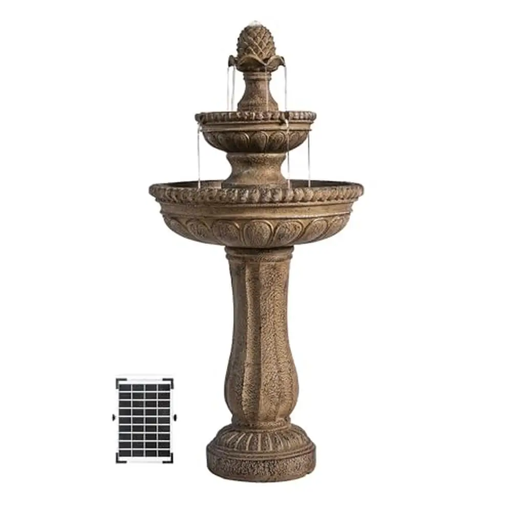 Solar Powered 2-Tier Bird Bath Fountain Outdoor Garden Décor Relaxing Waterfall Feature Durable Resin Stone Construction