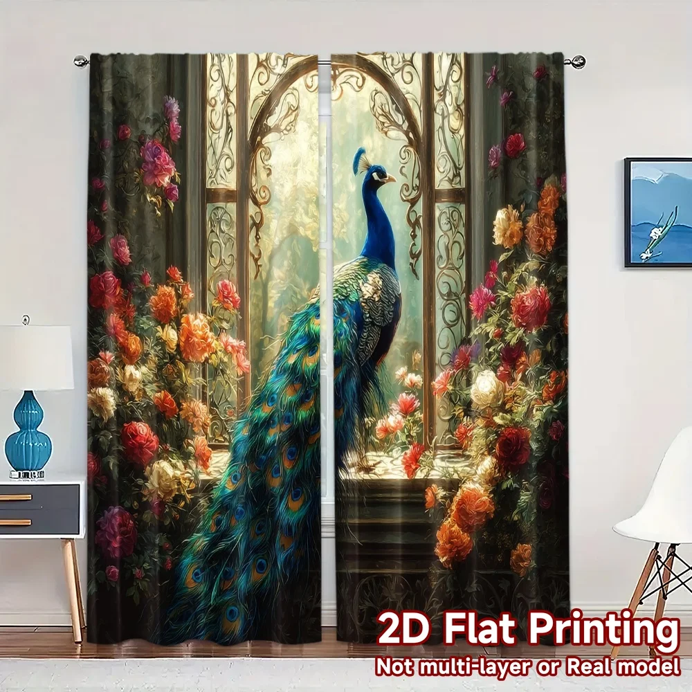 2pcs, 2D FLAT PRINTING Curtains (Without Rod) Peacock Garden Popular Contemporary Curtains Versatile Durable Polyester Curtains