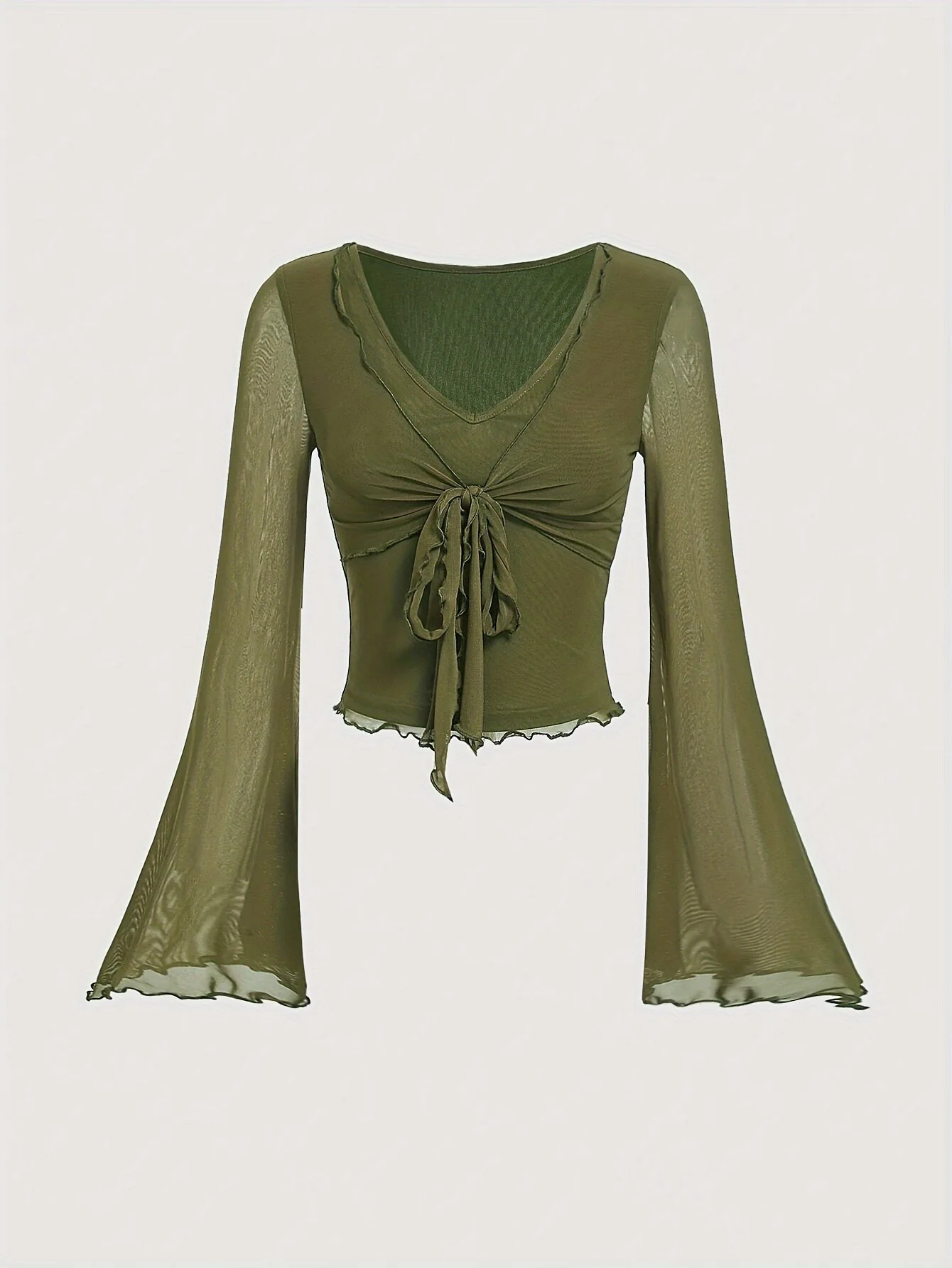 Y2K Women Sheer Mesh Crop Top V Neck Tie‑Front Bell Long Sleeve Blouse Ruffle Trim Cropped Shirt Vintage Streetwear Party Tops