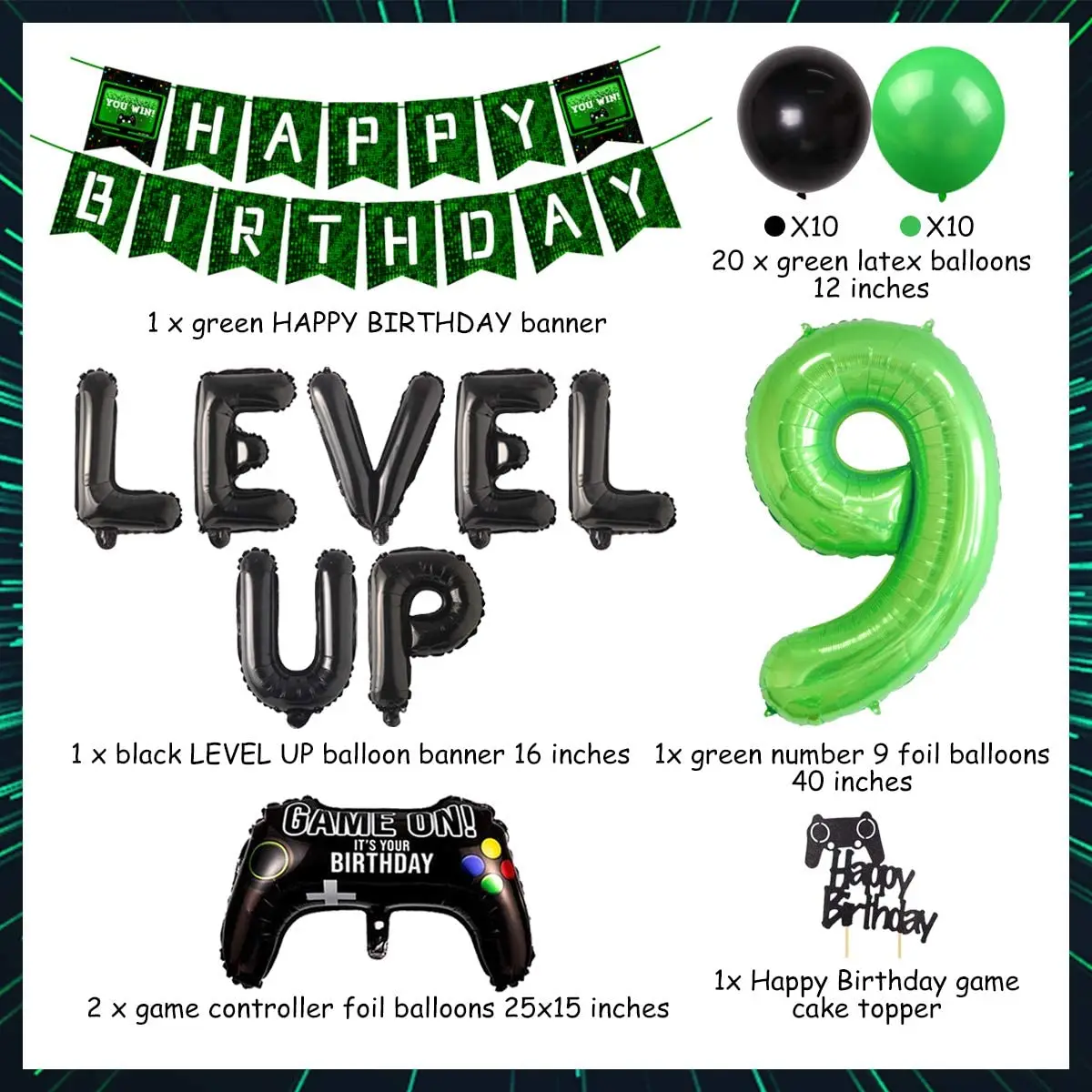 Video Game 9th Birthday Party Decoration Green for Boys Game on Theme Party Supplies Level Up 9 Balloon Happy Birthday Banner