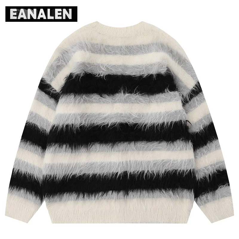 Harajuku Black and White Striped Knitted Cardigan Men\'s Vintage Korean Style Oversized Designer Striped Grandpa Sweater Women\'s