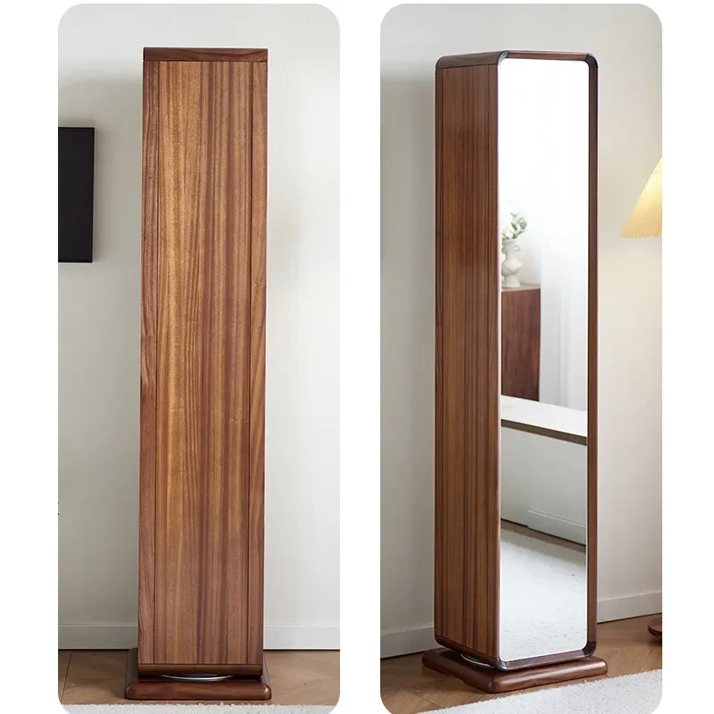 Rotating full-length  helf integrated floor mirror household bedroom movable pure solid wood, full-body mirror