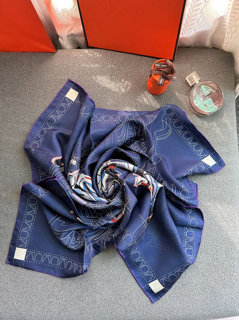 Square Silk Scarf Navy Blue Super Silk Quest New Arrival Double Print 100% Silk 90*90 Cm Shawl Twill Hijab Capital Scarf  Horse