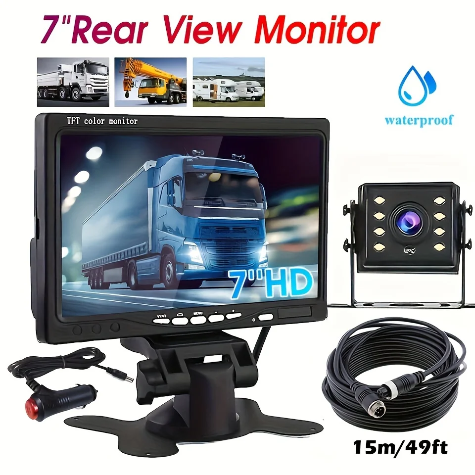 

7" Car Monitor Screen with Rear View Camera 4PIN Cable 15M For Truck Parking Trailer 12-24V LED Night Vision