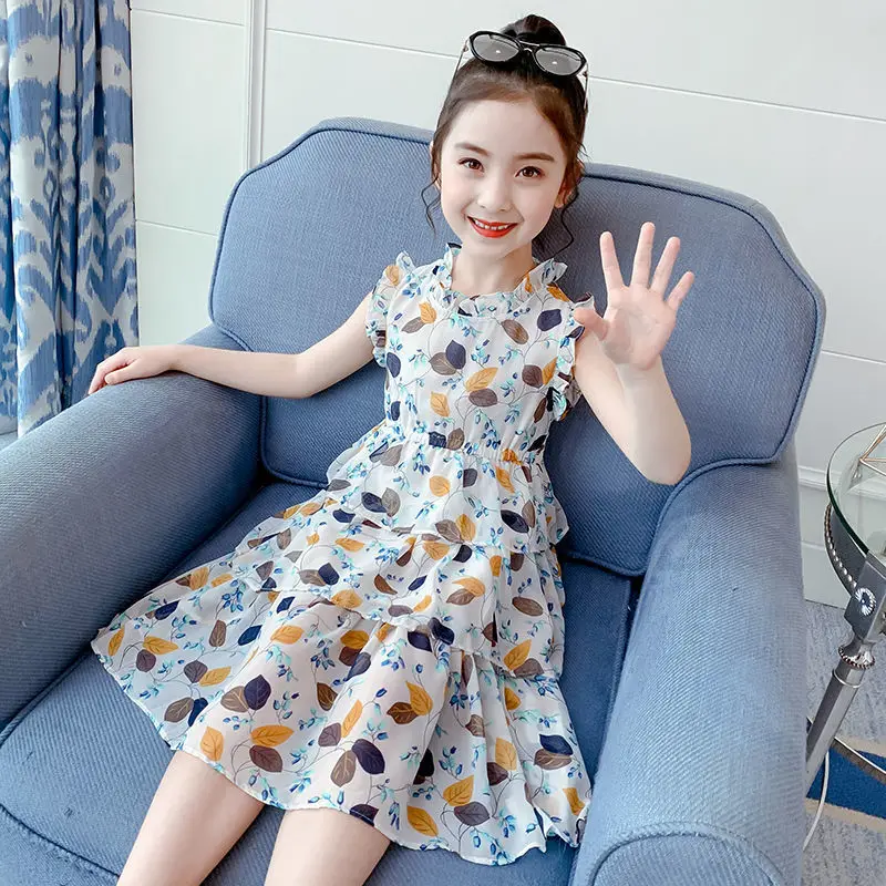 2023 Summer teens Girls Dress Clothes New off shoulder Children floral Pleated lace Kids Wedding mesh leaf 8 9 10 11 12 Years