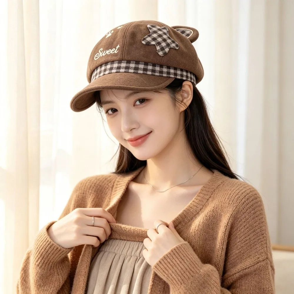 Cat Paw Pattern Cat Ears Beret Cap Japanese Style Autumn and Winter Women Octagonal Hat Peaked Y2k Streetwear Newsboy Hat Women