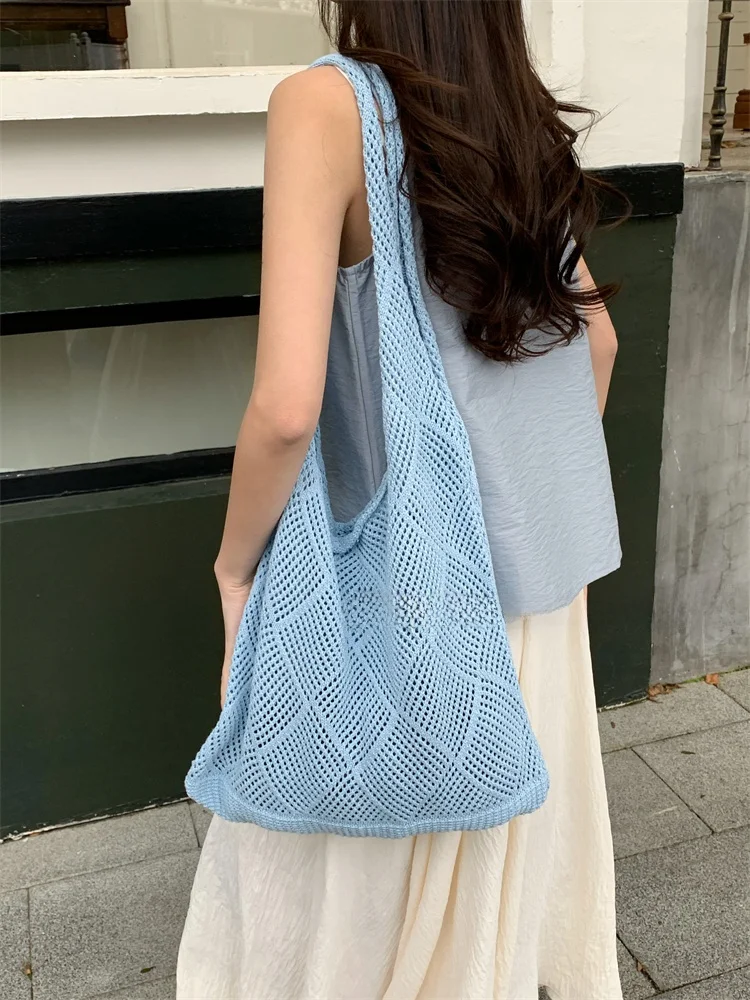 

Blue Summer Hollow out Woven Large Capaci oulder Bag Women's Beach Bag Faionable Canvas Tote Bag Soft Fabric Travel Bag