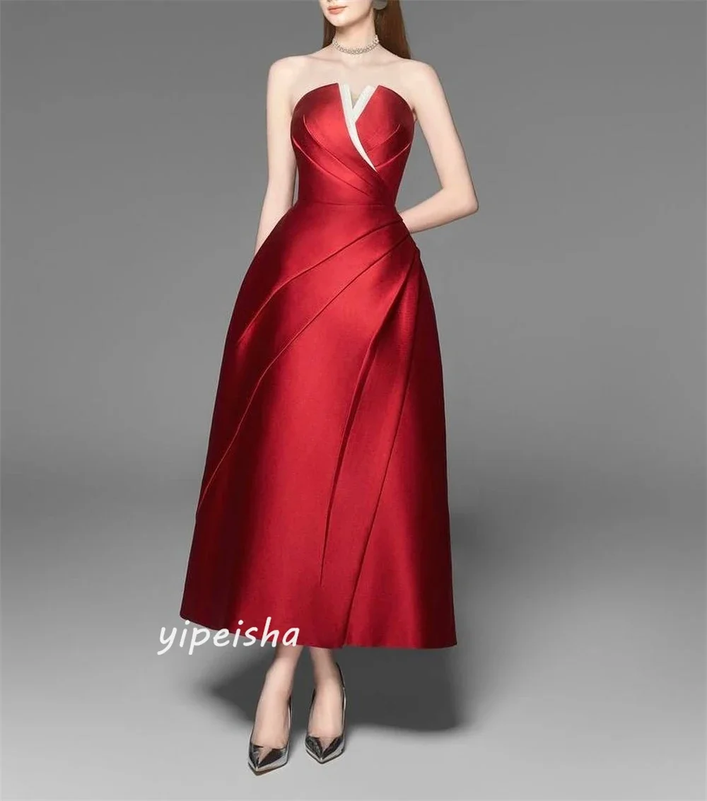 Exquisite Modern Style Classic Matching Pleat A-line Strapless Midi Dresses Party Dresses Formal Fashion Retro Sexy Elegant