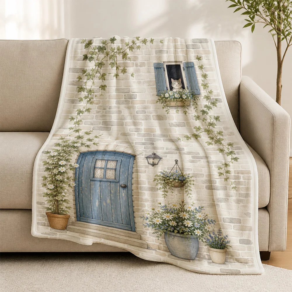 Premium Cottagecore Throw Blanket Sofa Throw Couch Cover Rustic Farmhouse Garden Botanical Print Shabby Chic Blue Door Decor Kni
